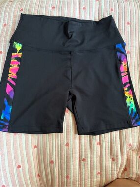 PINK Victoria's Secret Black Bike Shorts with Neon Tie-Dye Side Panels